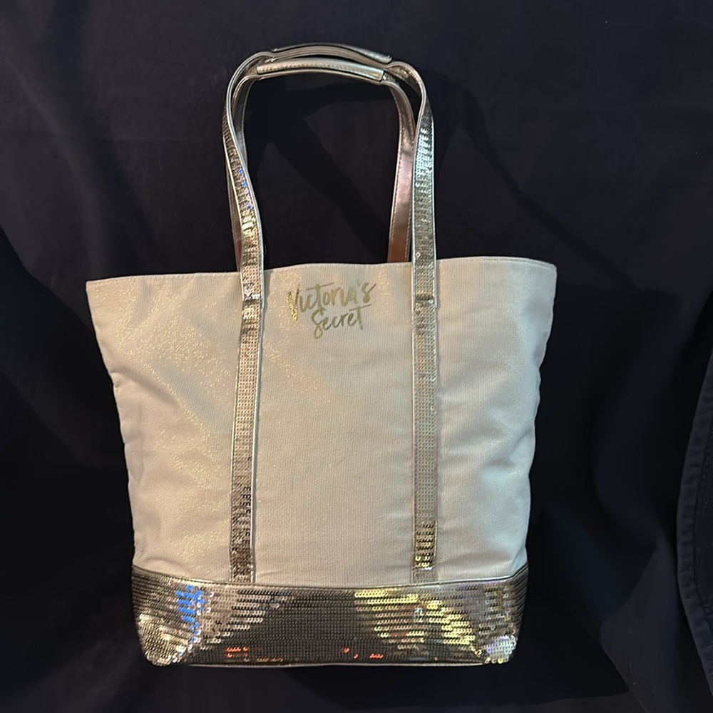 Victoria's Secret Sequined White Sparkly with Metallic Sequince trim Tote Bag